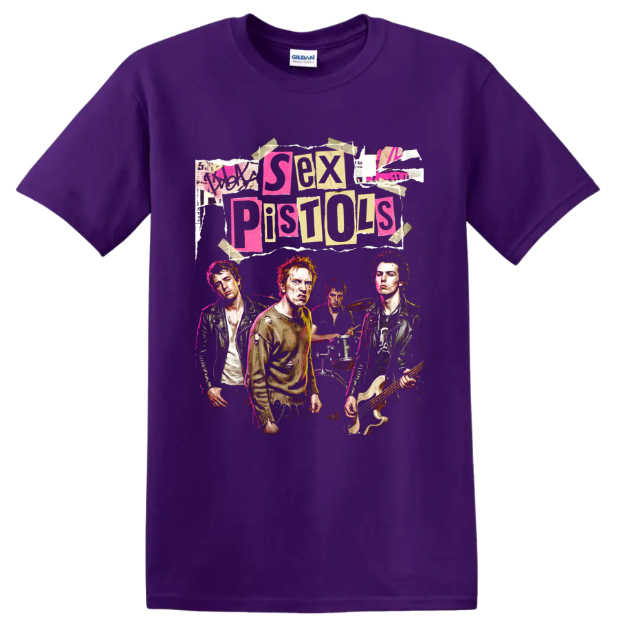 Sex Pistols distressed punk band collage graphic with torn-paper lettering on a Purple T Shirt