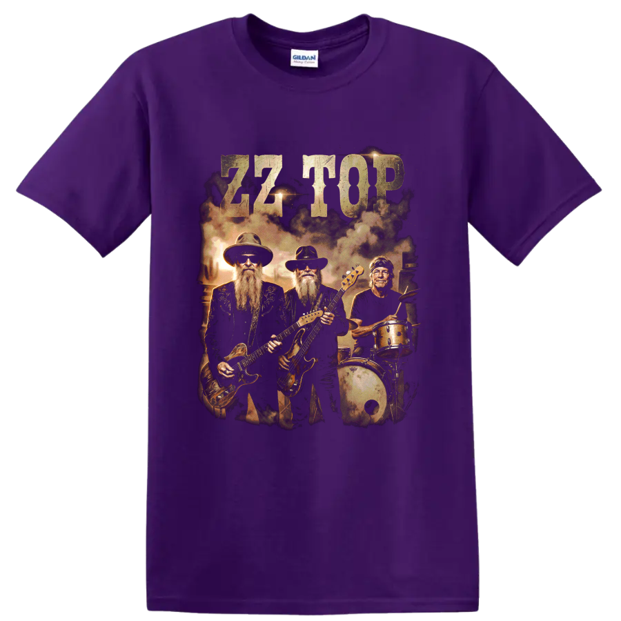 ZZ Top classic lineup vintage rock band graphic with guitars and drums on a Purple T Shirt
