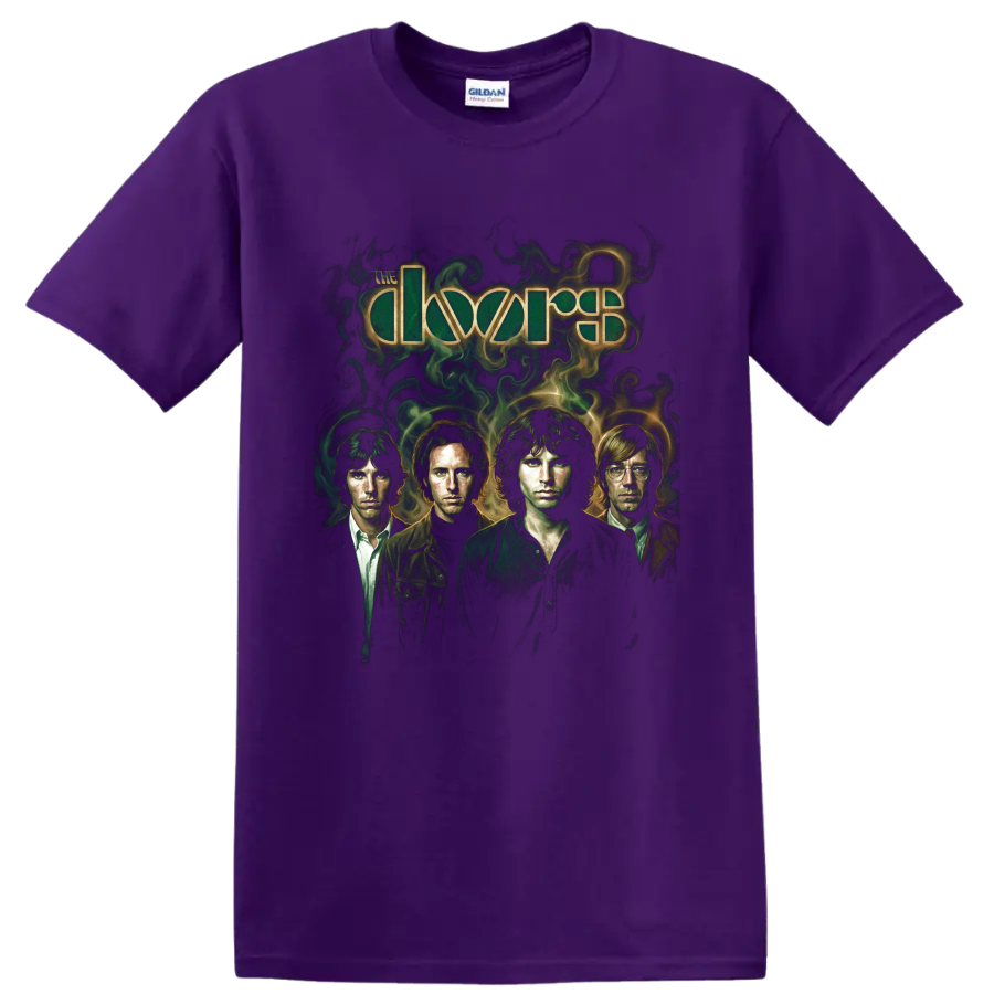 The Doors band portrait with psychedelic green smoke and logo lettering on a Purple T Shirt