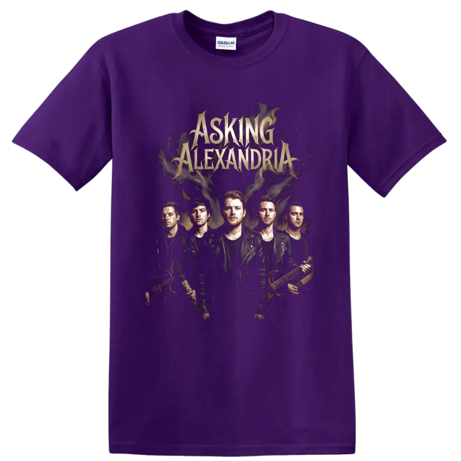 Asking Alexandria band portrait with gothic lettering and smoky rock artwork on a Purple T Shirt