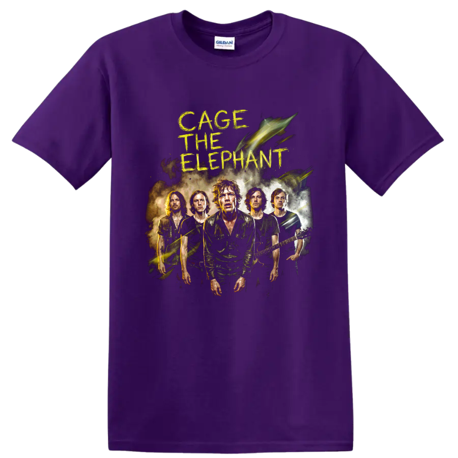 Cage the Elephant indie rock band portrait with distressed yellow lettering on a Purple T Shirt
