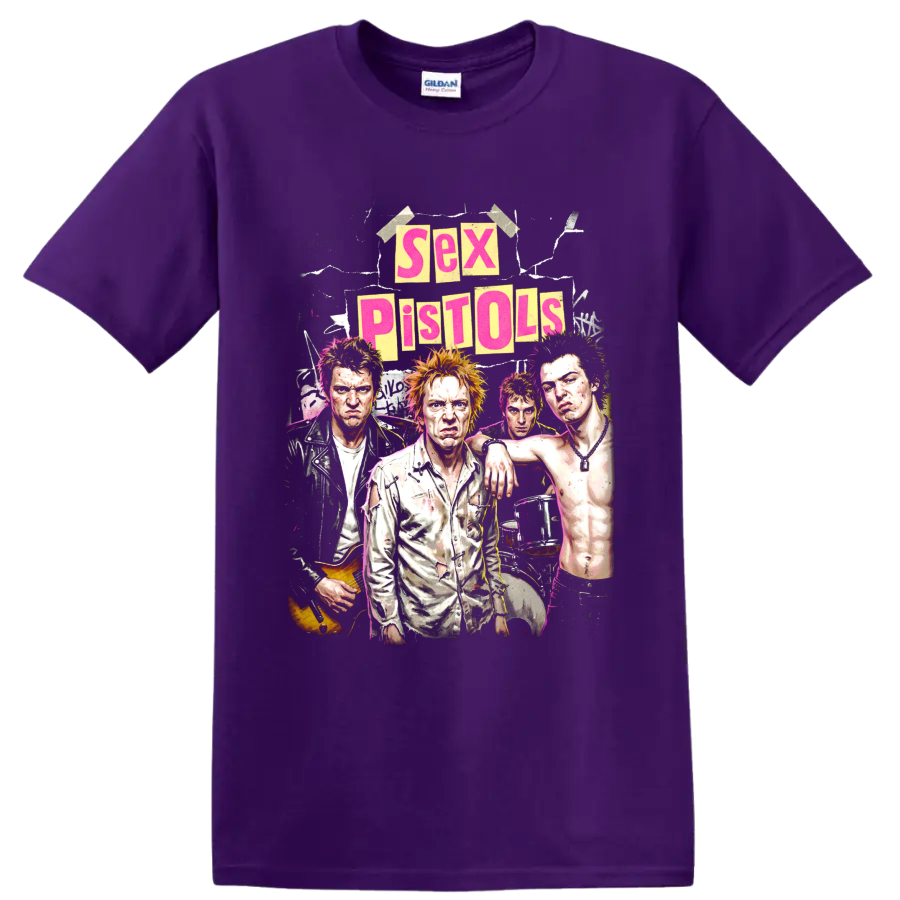 Sex Pistols punk rock collage graphic with band portraits and poster lettering on a Purple T Shirt