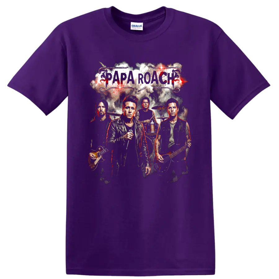 Papa Roach rock band poster with vocalist, guitars, drums, and grunge lettering on a Purple T Shirt