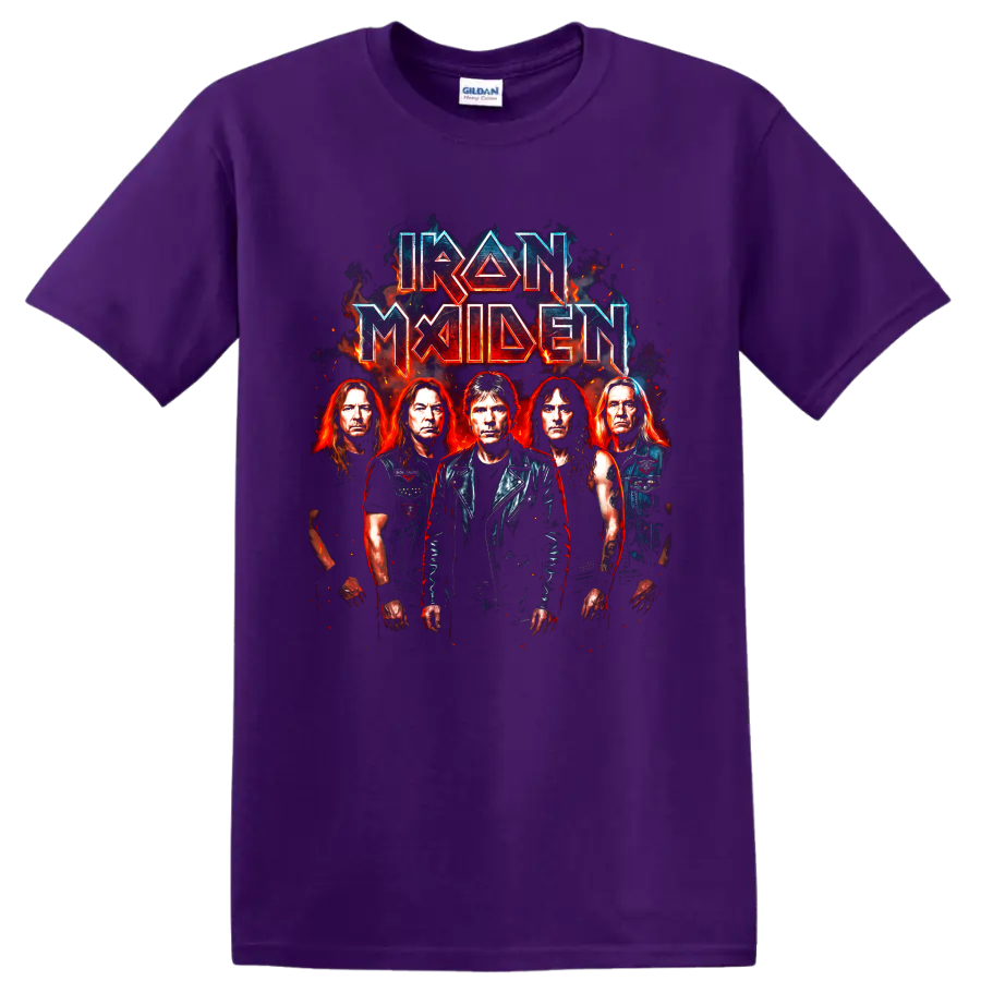 Iron Maiden heavy metal band portrait artwork with fiery angular lettering on a Purple T Shirt