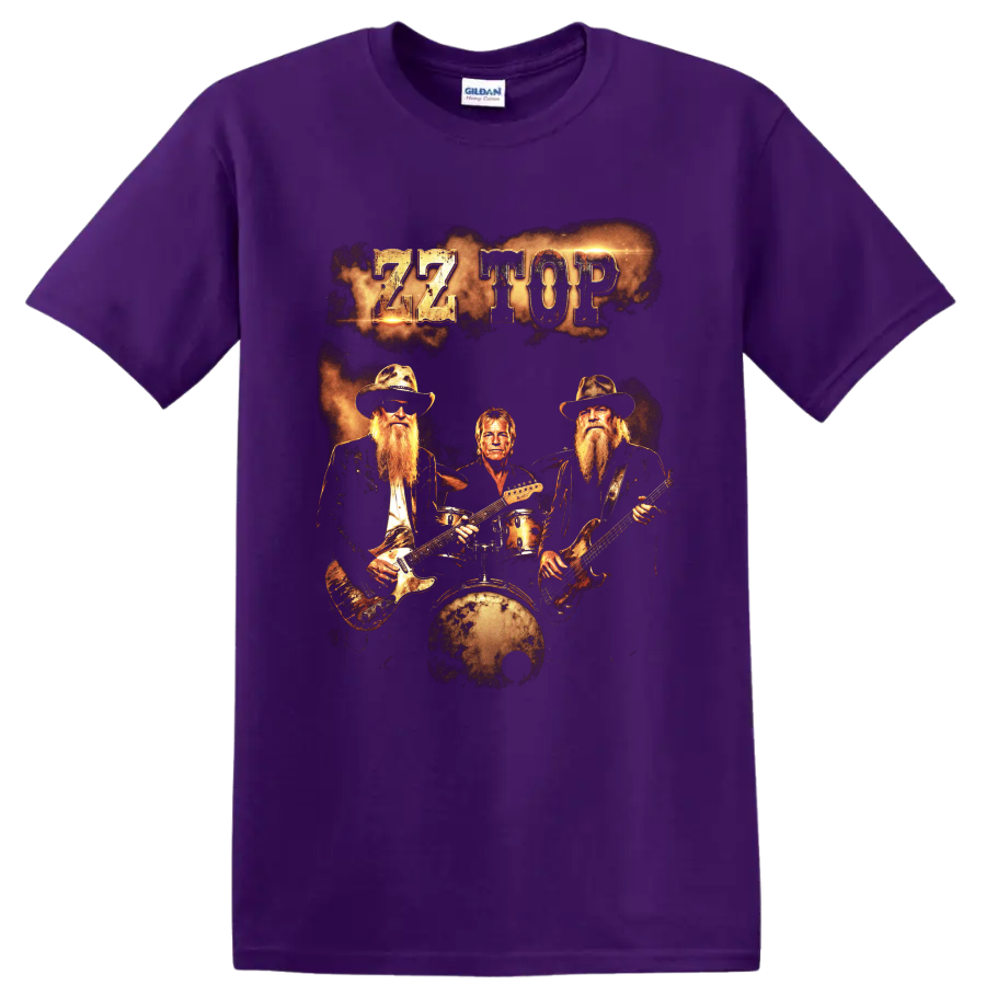 ZZ Top rock band graphic with guitars, drummer, and distressed gold lettering on a Purple T Shirt
