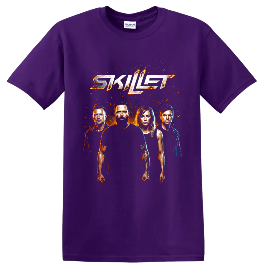 Skillet logo with four band portraits and fiery rock graphic on a Purple T Shirt