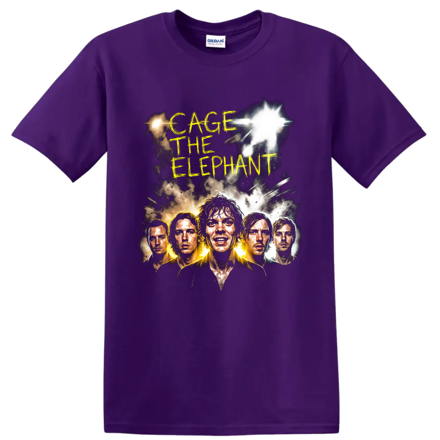 Cage the Elephant alternative rock band portrait graphic with yellow lettering on a Purple T Shirt