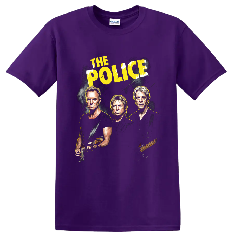 The Police rock band graphic with portraits, guitar, bass, and yellow text on a Purple T Shirt