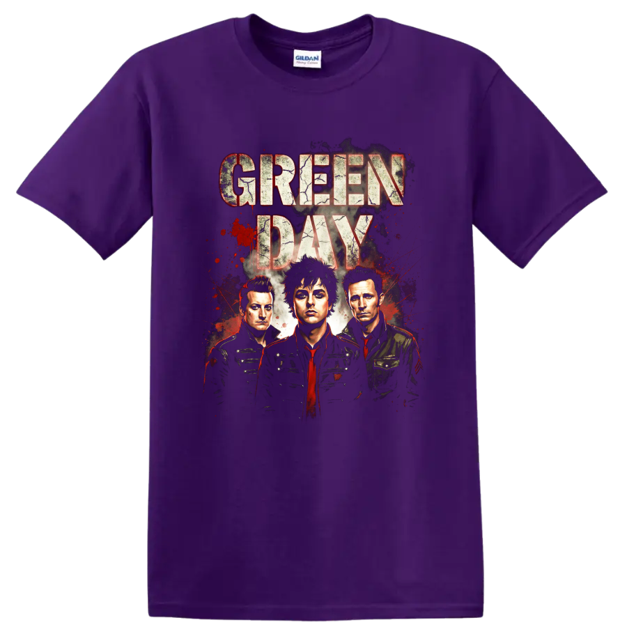 Green Day American Idiot era distressed band portrait graphic print on a Purple T Shirt