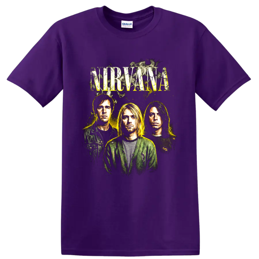 Kurt Cobain Nirvana distressed 1990s grunge band portrait on a Purple T Shirt