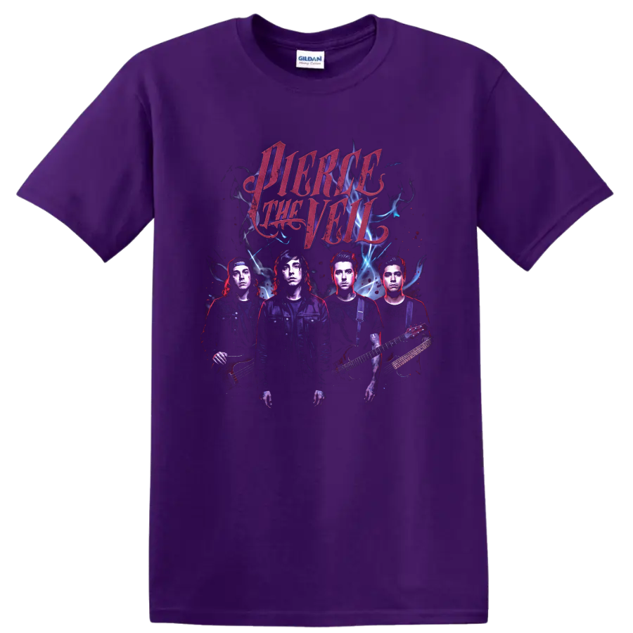 Pierce the Veil Misadventures-era rock band portrait graphic print on a Purple T Shirt