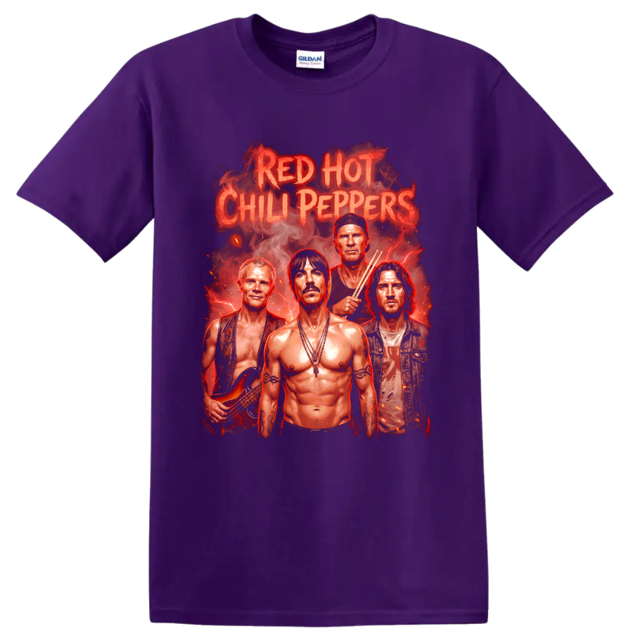 Red Hot Chili Peppers fiery rock band portrait graphic with bold lettering on a Purple T Shirt