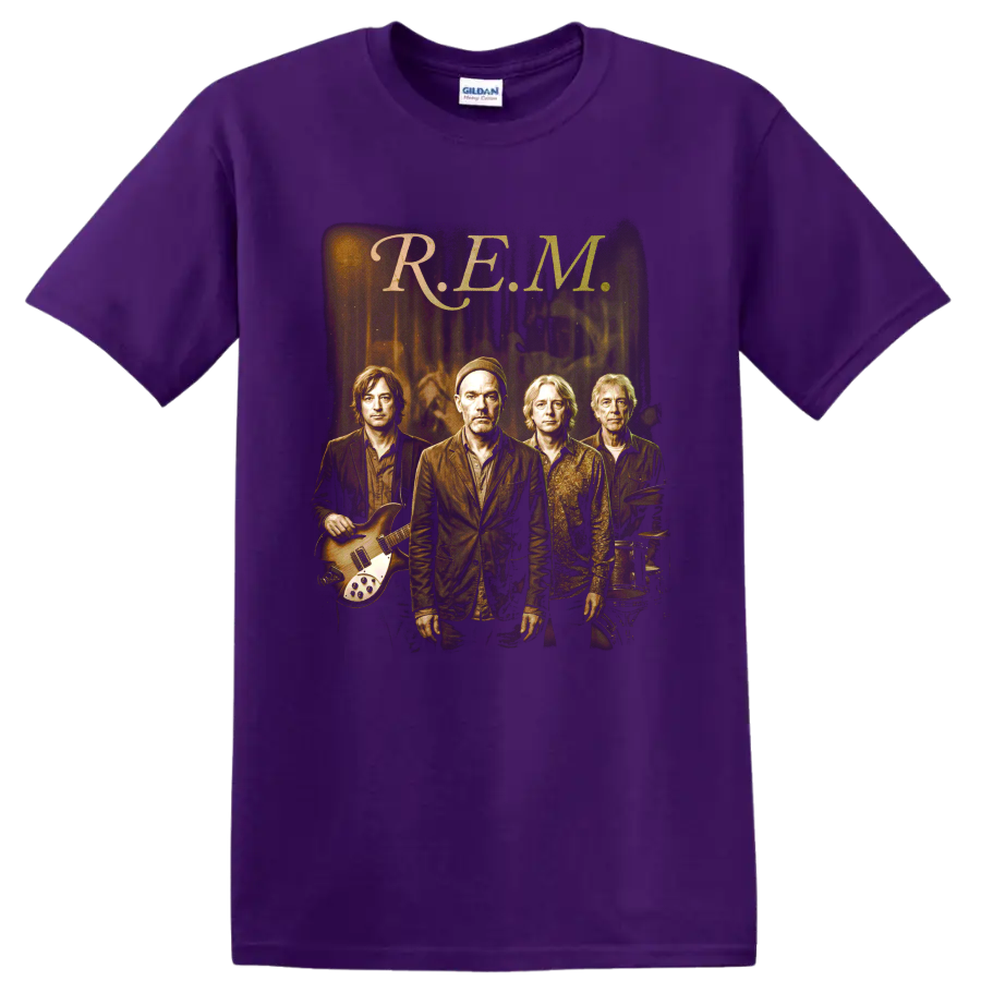 R.E.M. alternative rock band portrait with guitar and drums on a Purple T Shirt