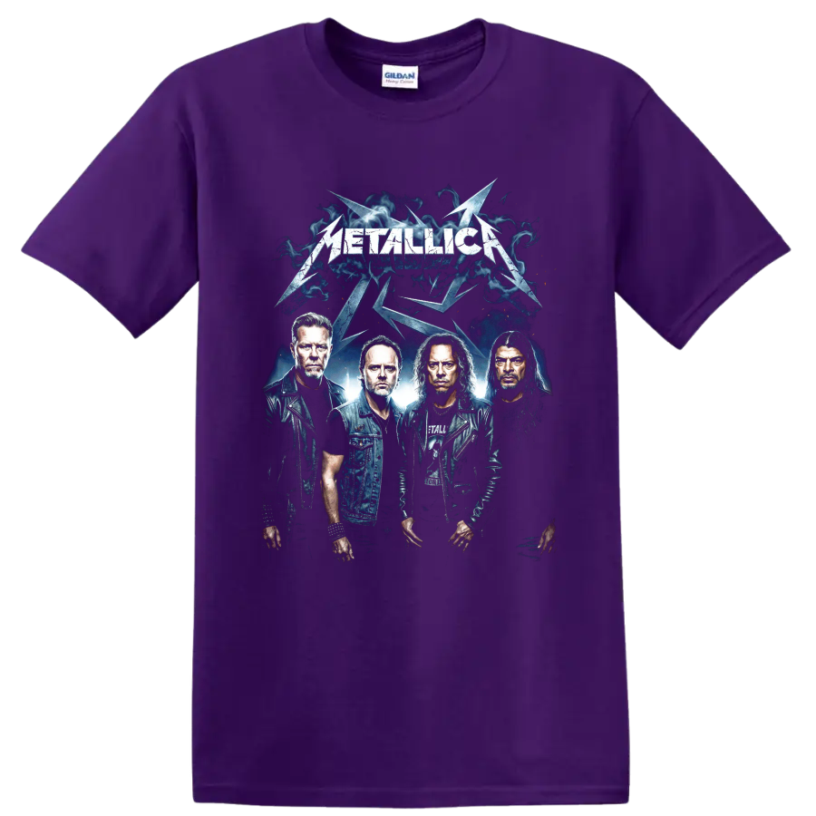 Metallica band portrait graphic with lightning and blue smoke on a Purple T Shirt