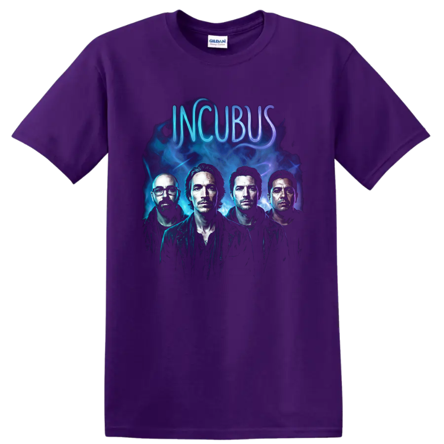 Incubus band portrait with blue smoke, purple light, and neon lettering on a Purple T Shirt