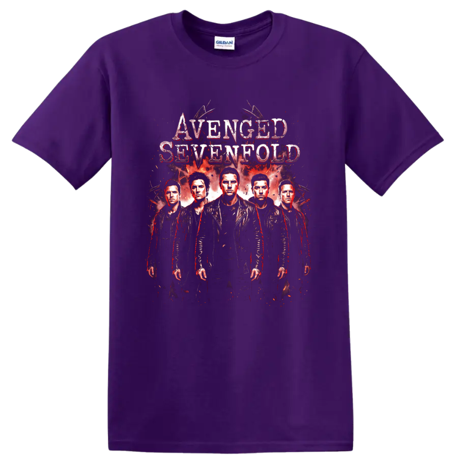 Avenged Sevenfold heavy metal band members red distressed graphic on a Purple T Shirt