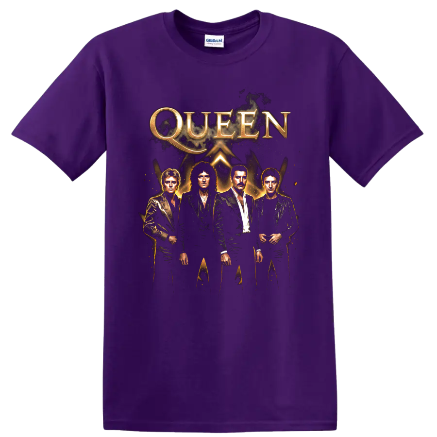 Queen rock band graphic with gold lettering and four portrait figures on a Purple T Shirt
