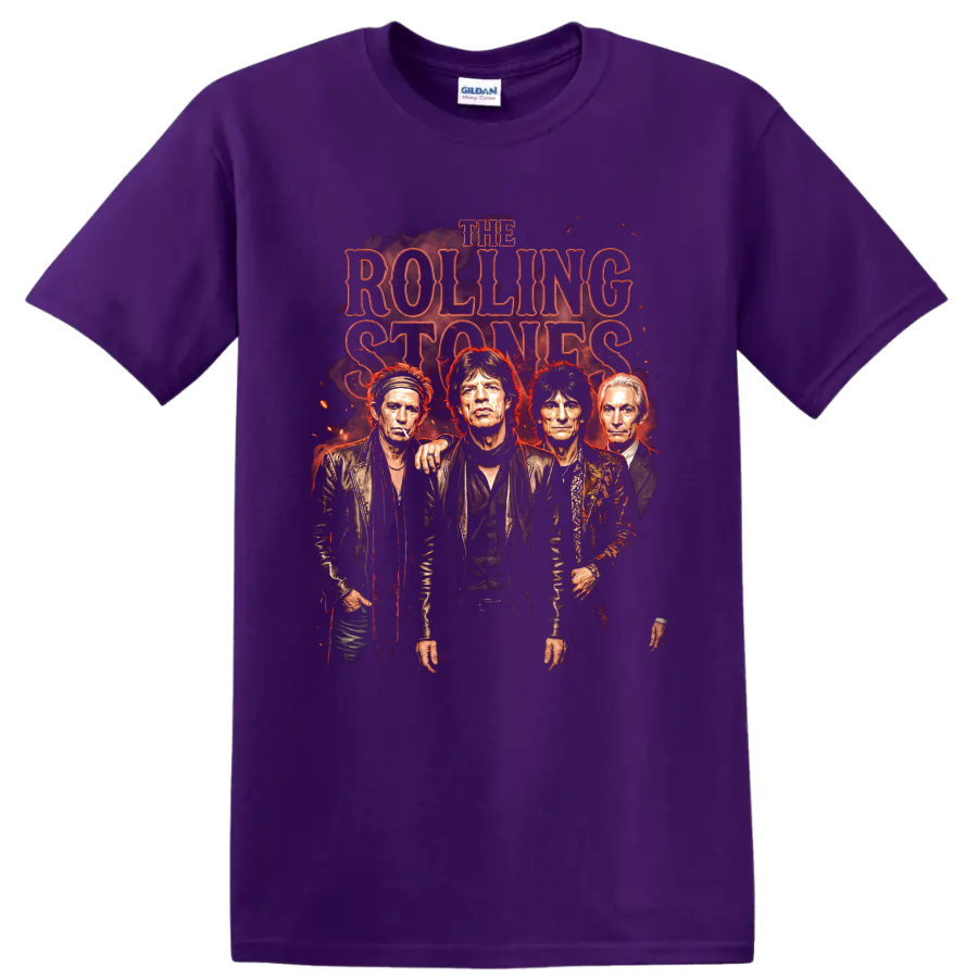 The Rolling Stones vintage rock band portrait graphic with distressed red lettering on a Purple T Shirt
