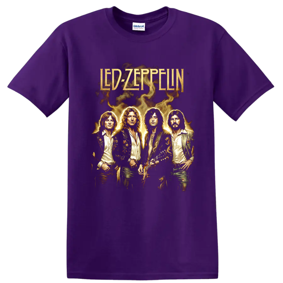 Led Zeppelin vintage band portrait artwork with gold lettering and guitar on a Purple T Shirt