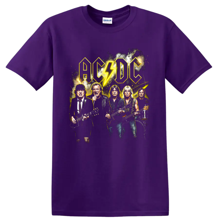 AC/DC hard rock band graphic with lightning bolt and musicians on a Purple T Shirt