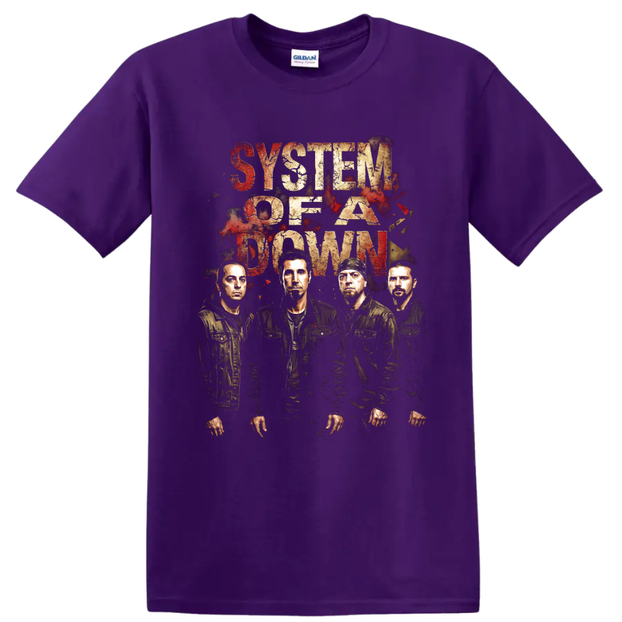 System of a Down distressed rock band portrait with bold lettering on a Purple T Shirt