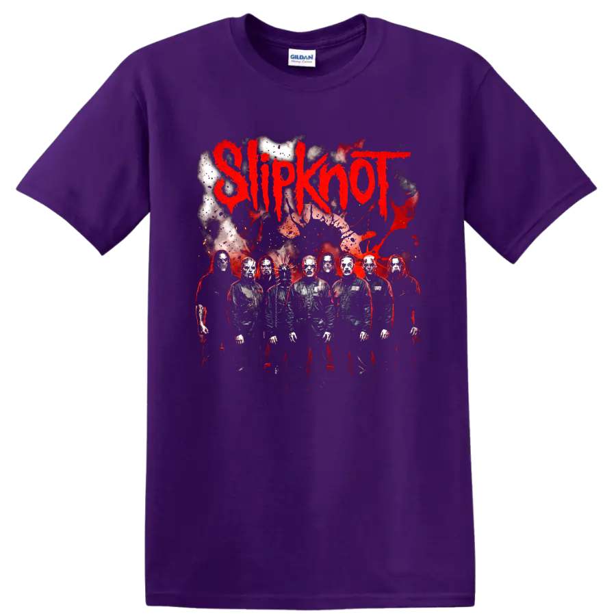 Slipknot logo with masked band members in a distressed red and black graphic on a Purple T Shirt