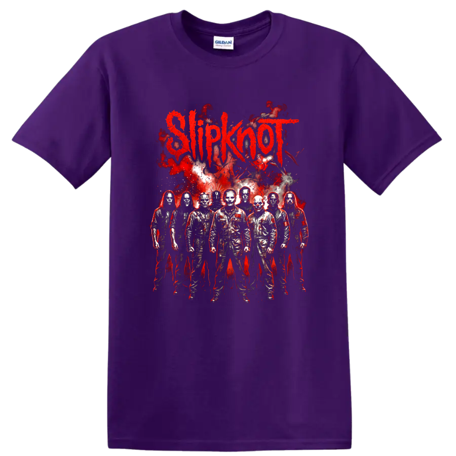 Slipknot masked metal band members with red horror-style graphic on a Purple T Shirt