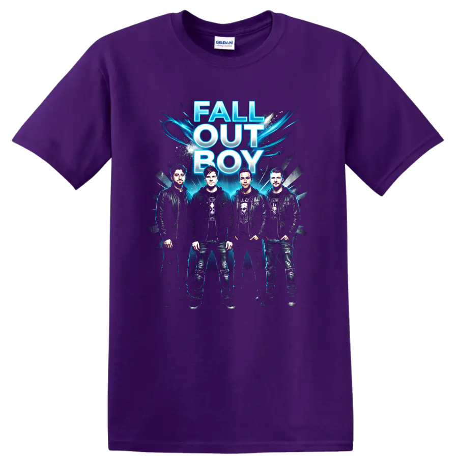 Fall Out Boy vintage emo rock poster graphic with blue lettering on a Purple T Shirt