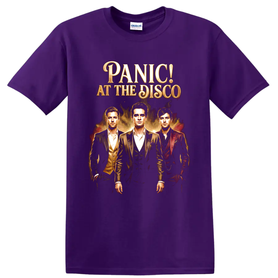 Panic! at the Disco vintage portrait graphic with ornate gold lettering on a Purple T Shirt