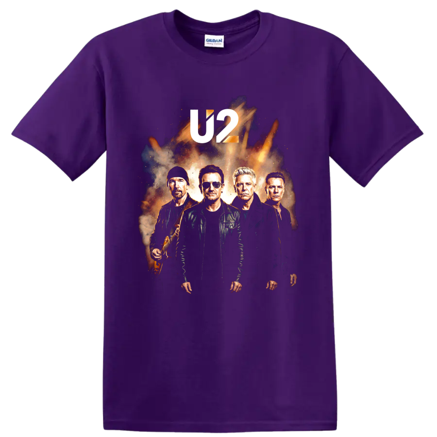 U2 Bono rock band portrait graphic with bold U2 lettering on a Purple T Shirt