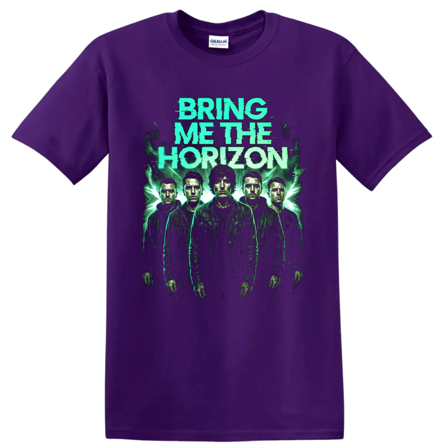 Bring Me the Horizon distressed green rock band portrait graphic on a Purple T Shirt