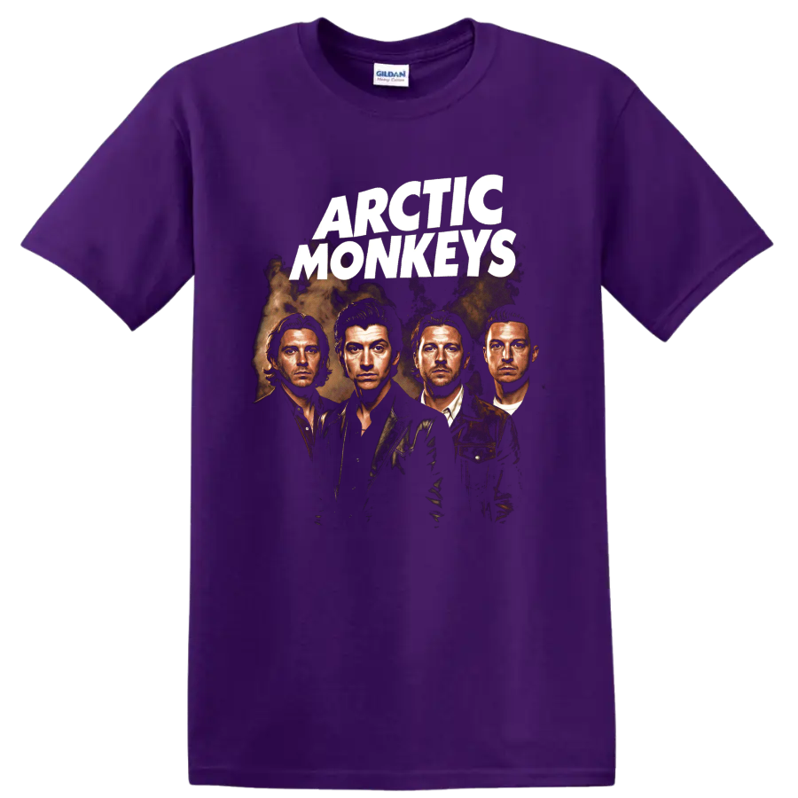 Arctic Monkeys sepia four-member band portrait graphic on a Purple T Shirt