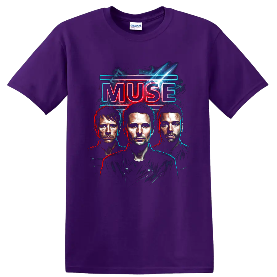 Muse neon rock band poster with three illustrated portraits on a Purple T Shirt