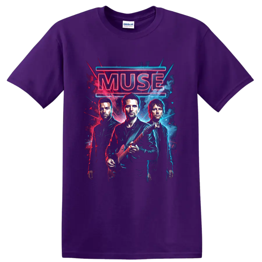 Muse neon rock band portrait with electric guitar and glowing lettering on a Purple T Shirt