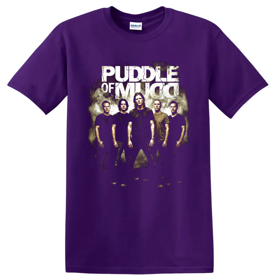 Puddle of Mudd grunge band portrait graphic with distressed lettering on a Purple T Shirt
