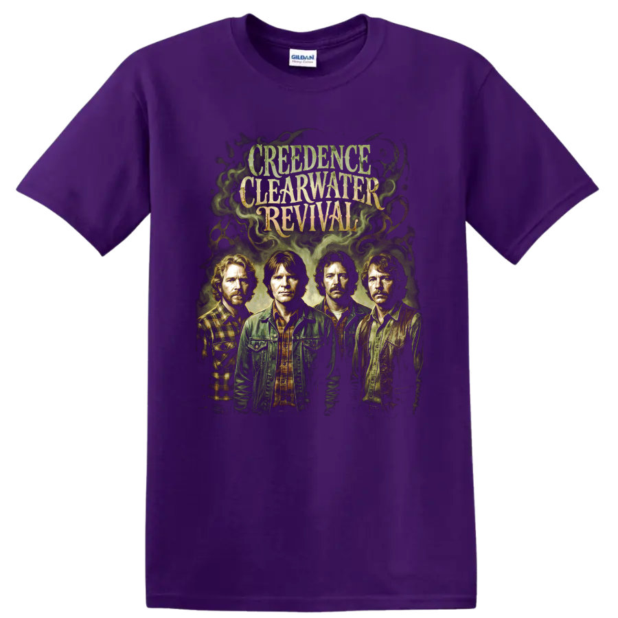 Creedence Clearwater Revival vintage band portrait graphic with distressed lettering on a Purple T Shirt