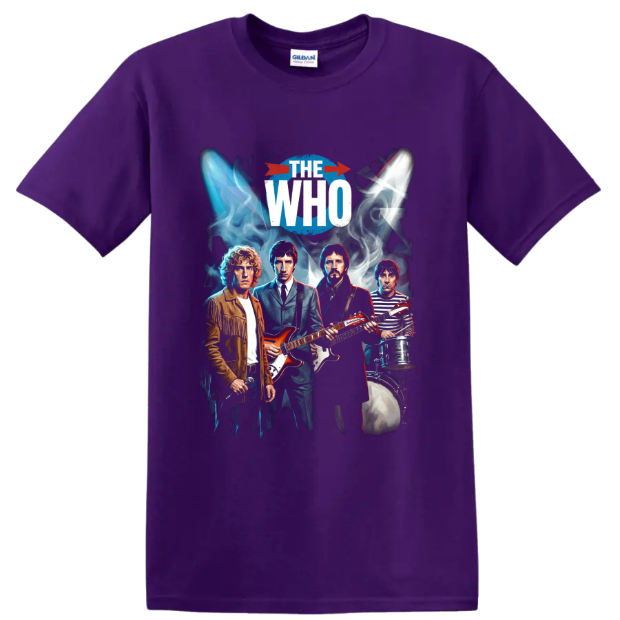 The Who John Entwistle rock band graphic with guitars, bass, and drums on a Purple T Shirt