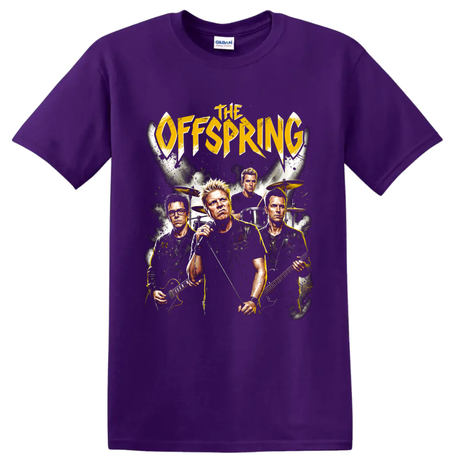 The Offspring punk rock band portrait graphic with distressed gold lettering on a Purple T Shirt