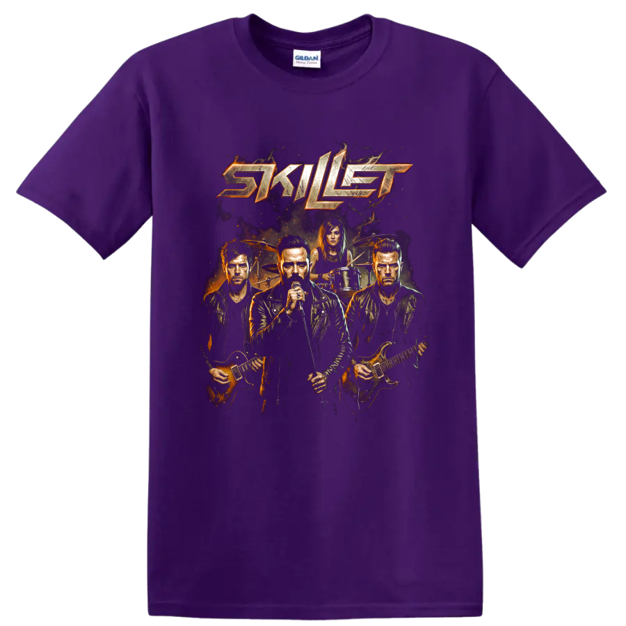 Skillet band logo graphic with vocalist, guitarists, and drummer on a Purple T Shirt
