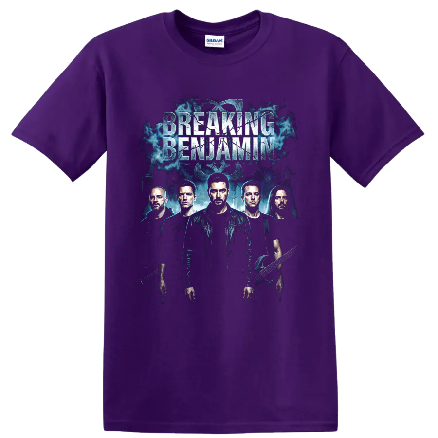 Breaking Benjamin Dear Agony alternative rock poster graphic with band portraits on a Purple T Shirt