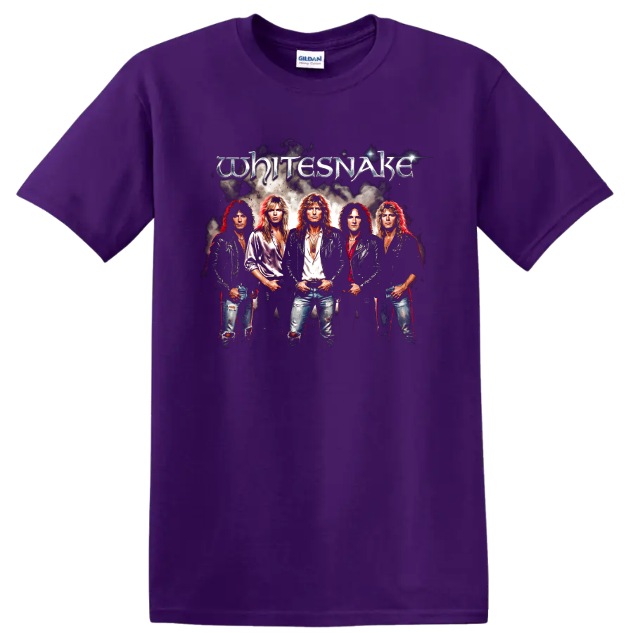 Whitesnake 1987 hard rock band portrait with metallic logo graphic on a Purple T Shirt