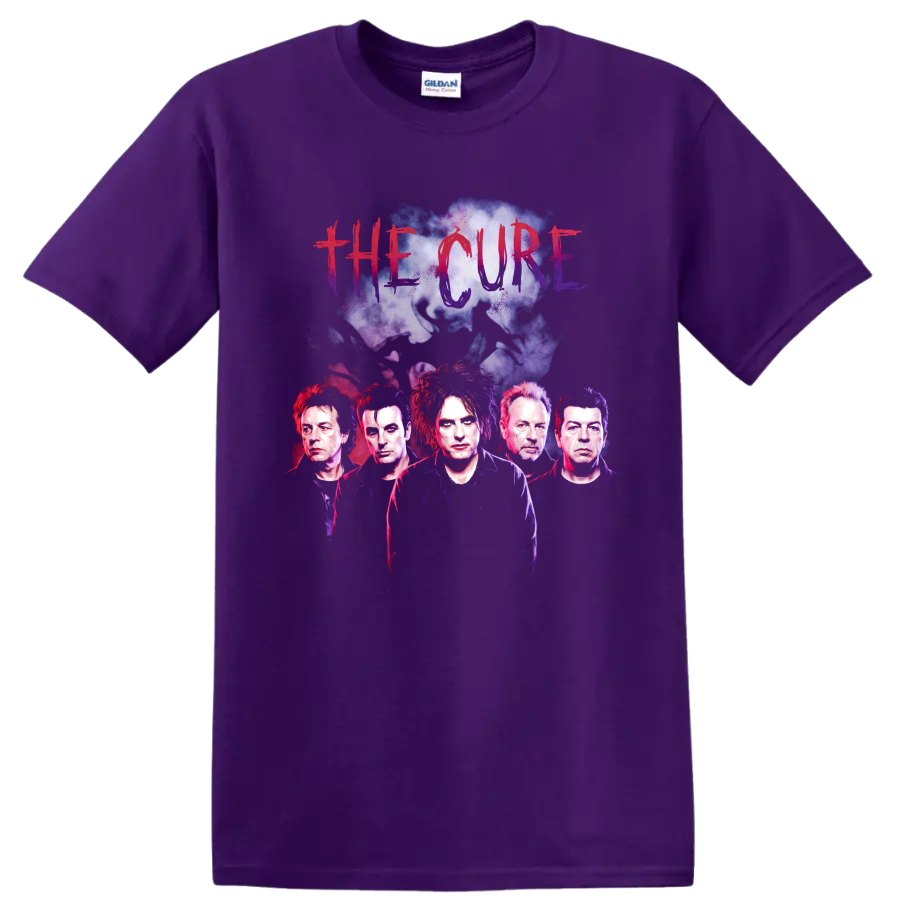 The Cure post-punk band graphic with five portraits and distressed lettering on a Purple T Shirt