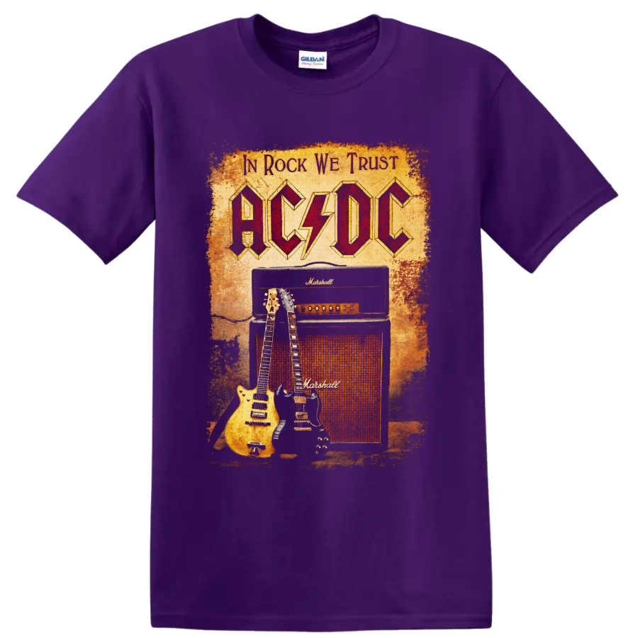 AC/DC vintage rock graphic with guitars and Marshall amplifier on a Purple T Shirt