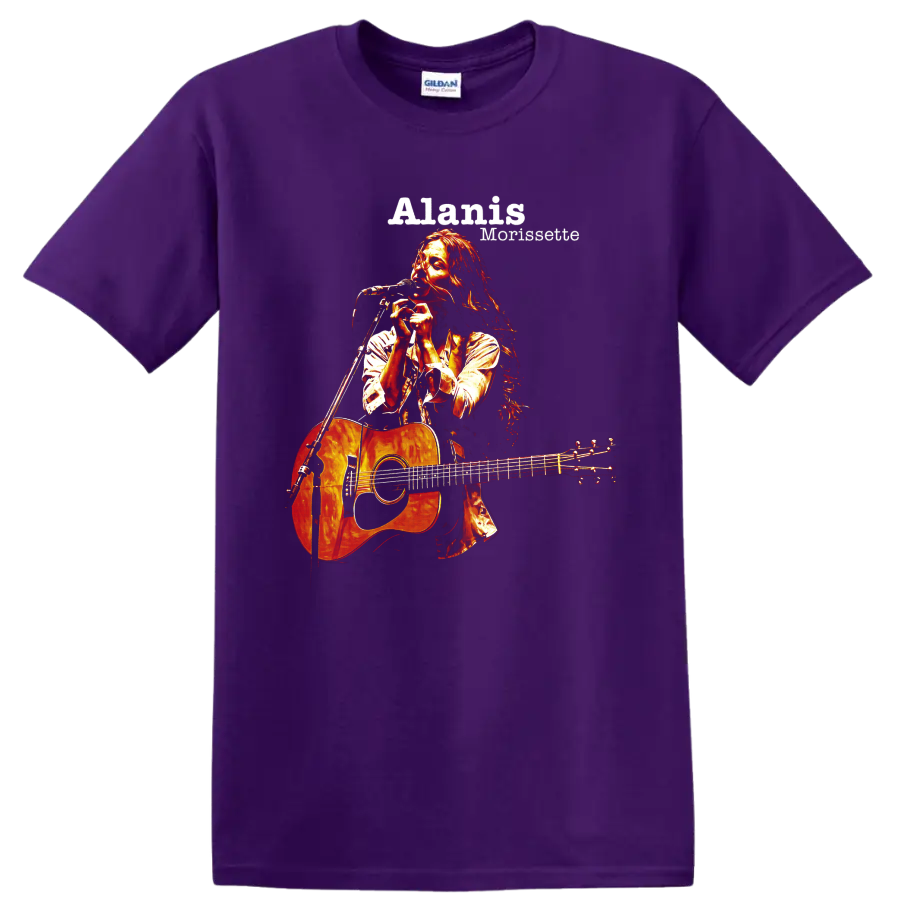 Alanis Morissette singing with acoustic guitar, distressed rock graphic on a Purple T Shirt