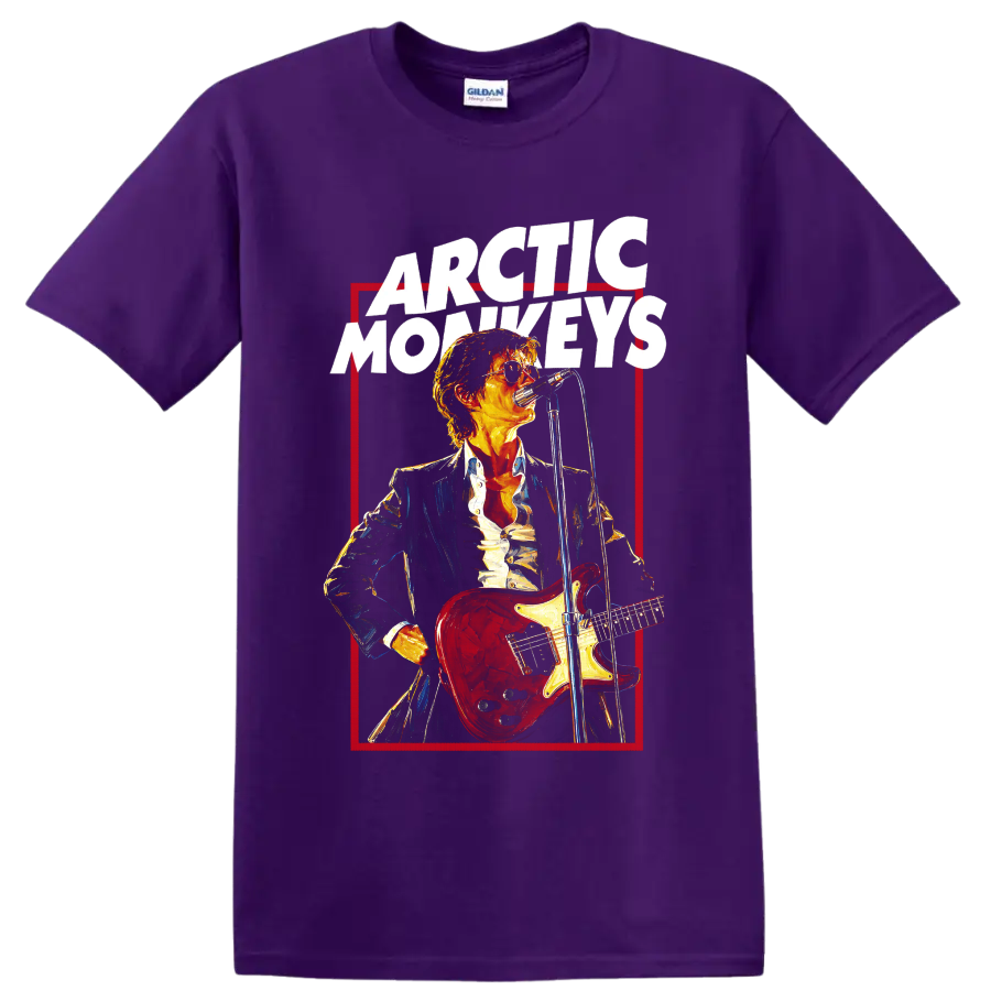 Arctic Monkeys guitarist graphic with red electric guitar and microphone on a Purple T Shirt