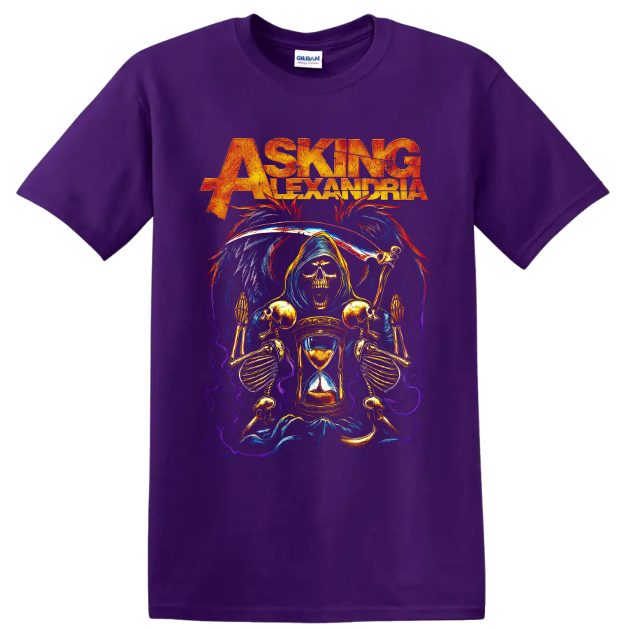 Asking Alexandria grim reaper hourglass metalcore graphic on a Purple T Shirt