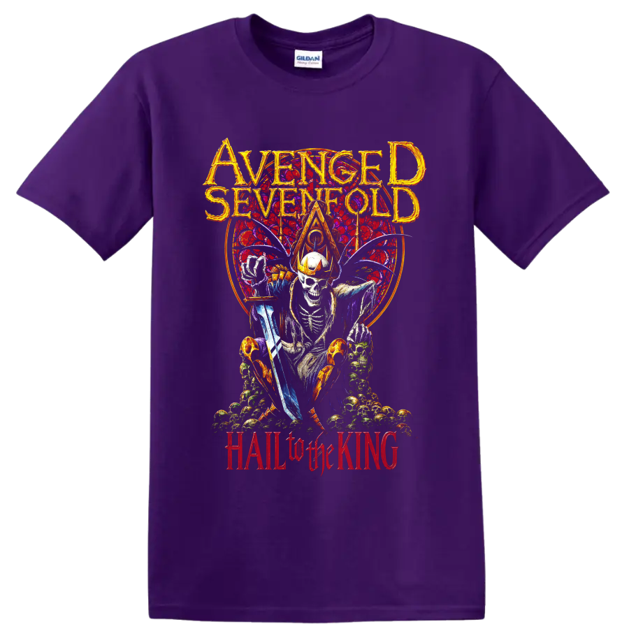 Avenged Sevenfold crowned skeleton gothic metal artwork with Hail to the King text on a Purple T Shirt