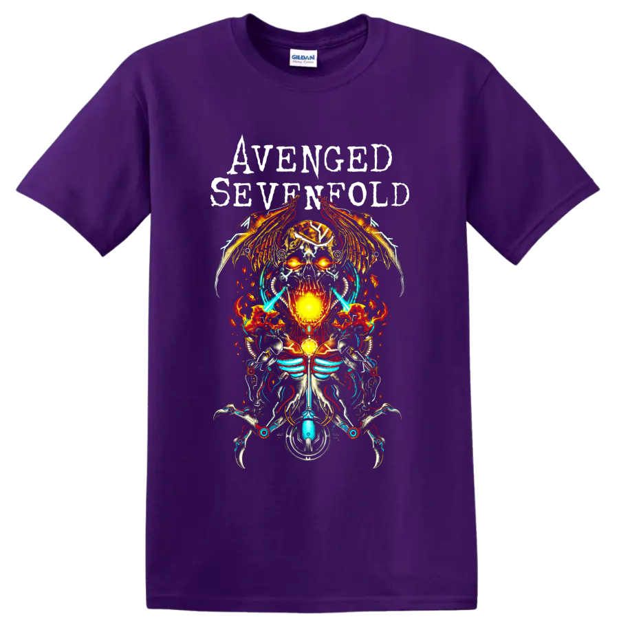Avenged Sevenfold fiery cyborg skull metal graphic on a Purple T Shirt