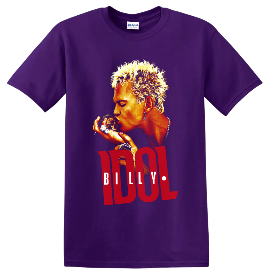 Billy Idol punk rock portrait graphic with bold red lettering on a Purple T Shirt