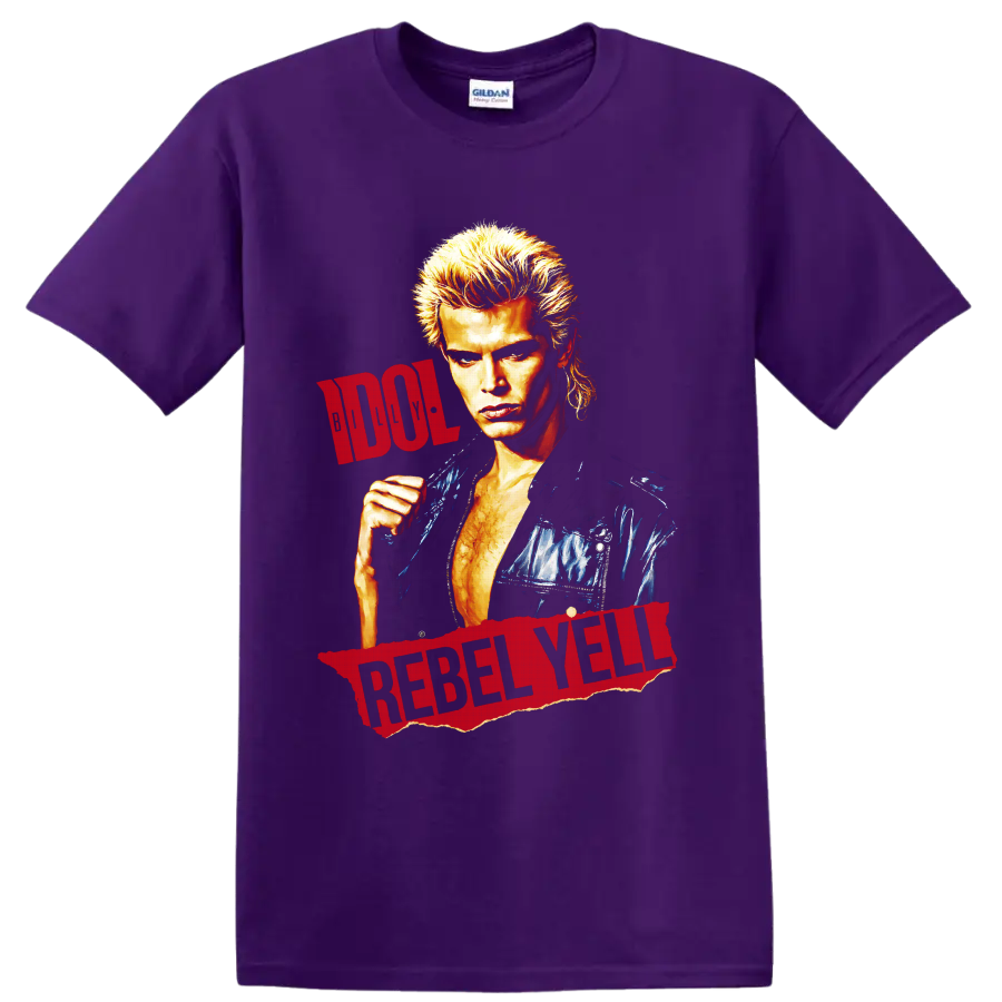 Billy Idol portrait with distressed red Rebel Yell lettering on a Purple T Shirt